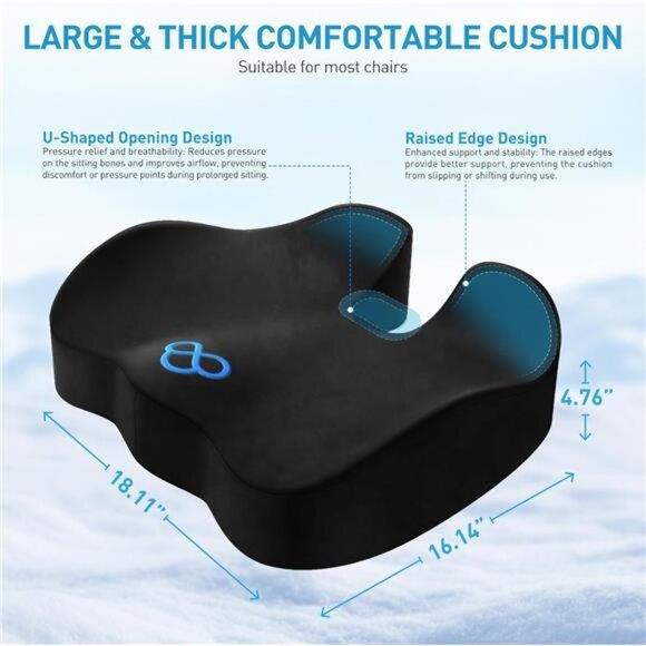Memory Foam Seat Cushion Thick Office Chair Car Airplane Tailbone Back Pain Reli - Picture 2 of 7
